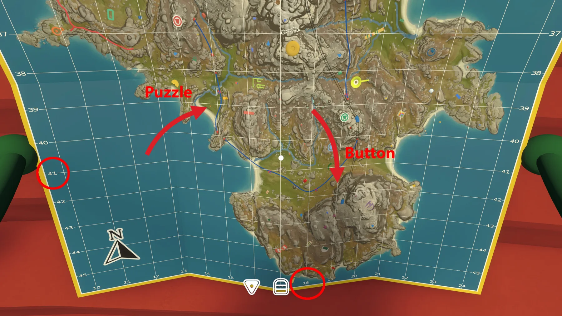 Annotated Big Walk map marking the puzzle and button areas around grid 41 and 18