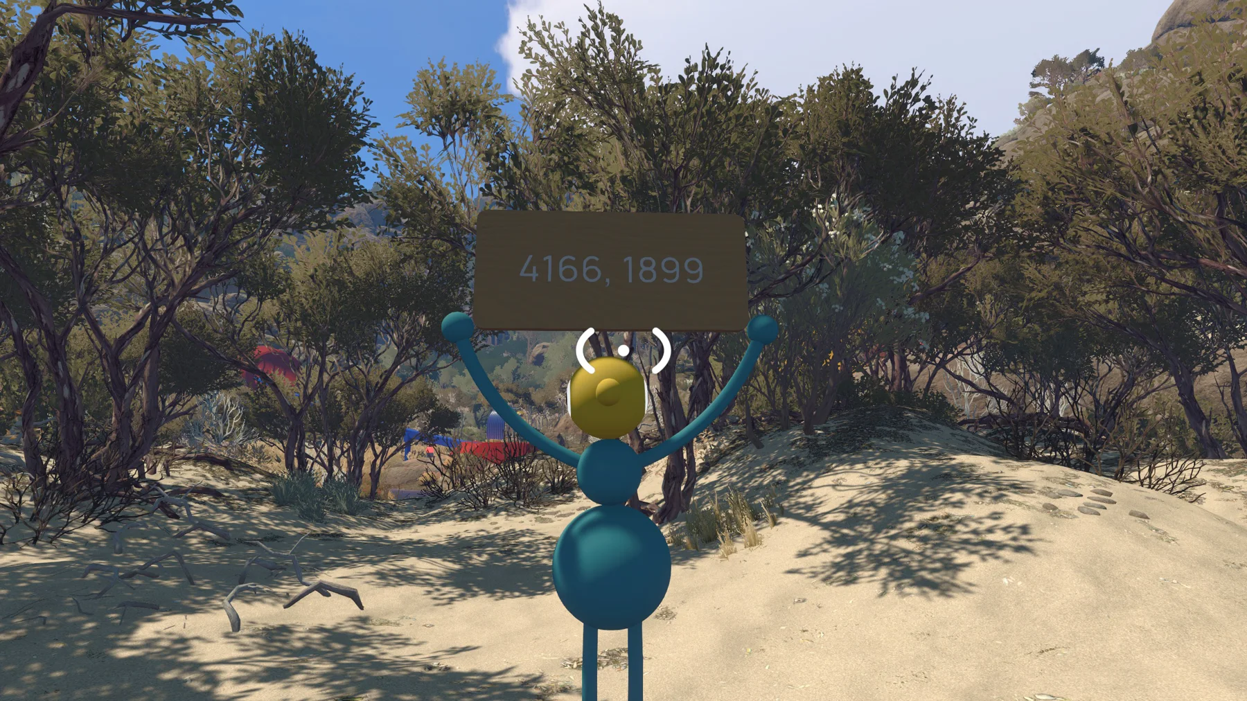 A Big Walk character holding a sign marked 4166, 1899