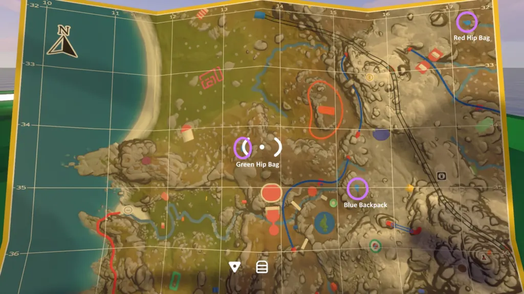 Annotated in-game map showing three bag markers in the northwestern area