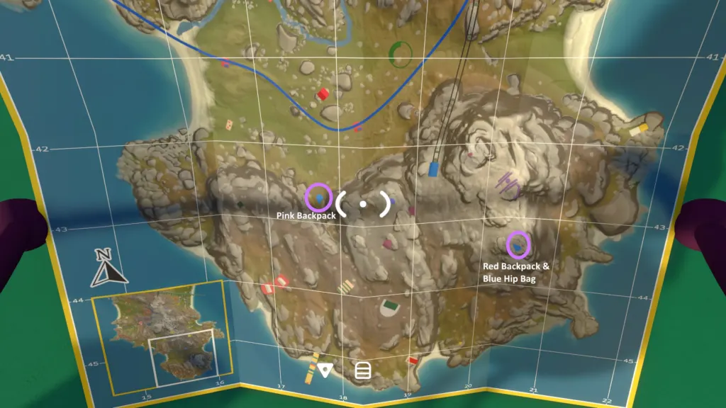 Annotated in-game map showing the far-southeast bag structure
