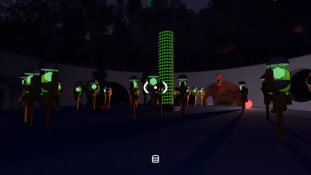 Green-lit lamps standing around the circular elimination arena